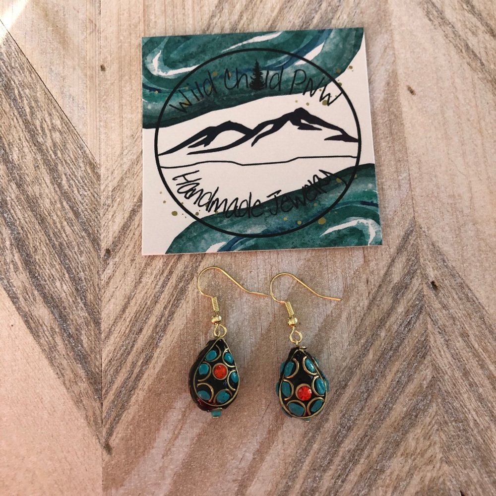 Turquoise and Orange Hook Earrings